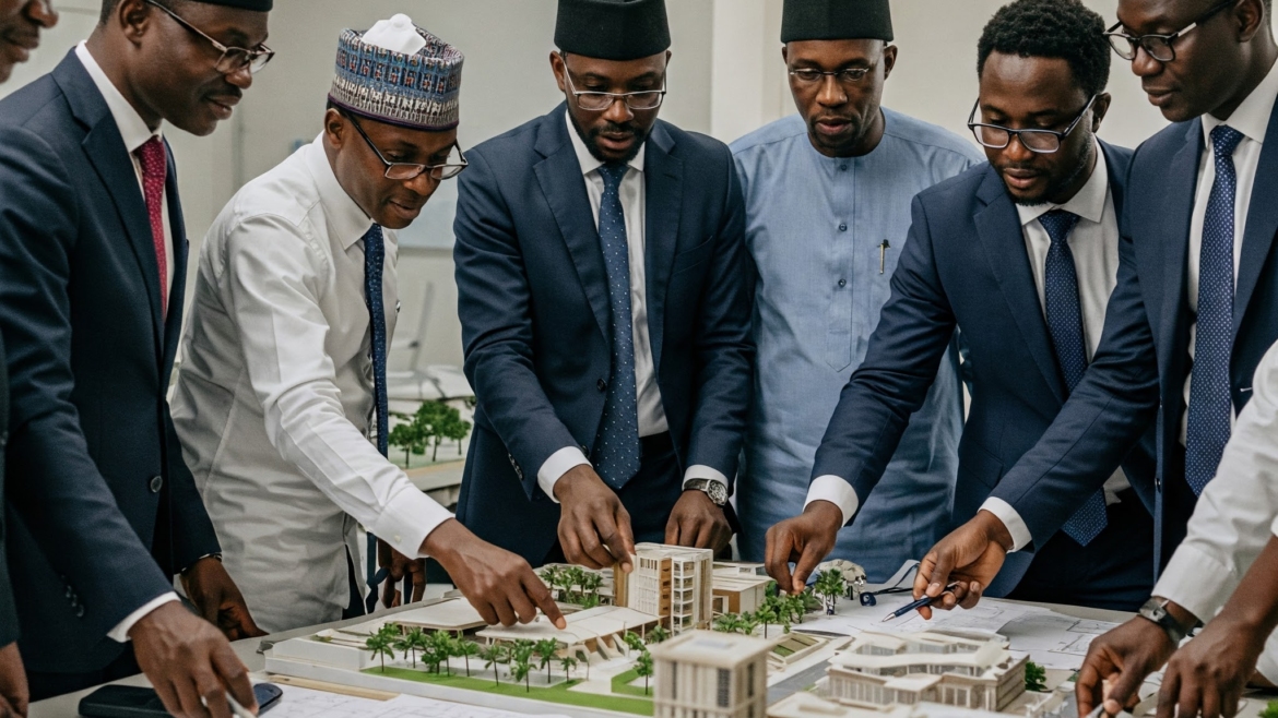 Nigerian professionals in business attire examining architectural models
