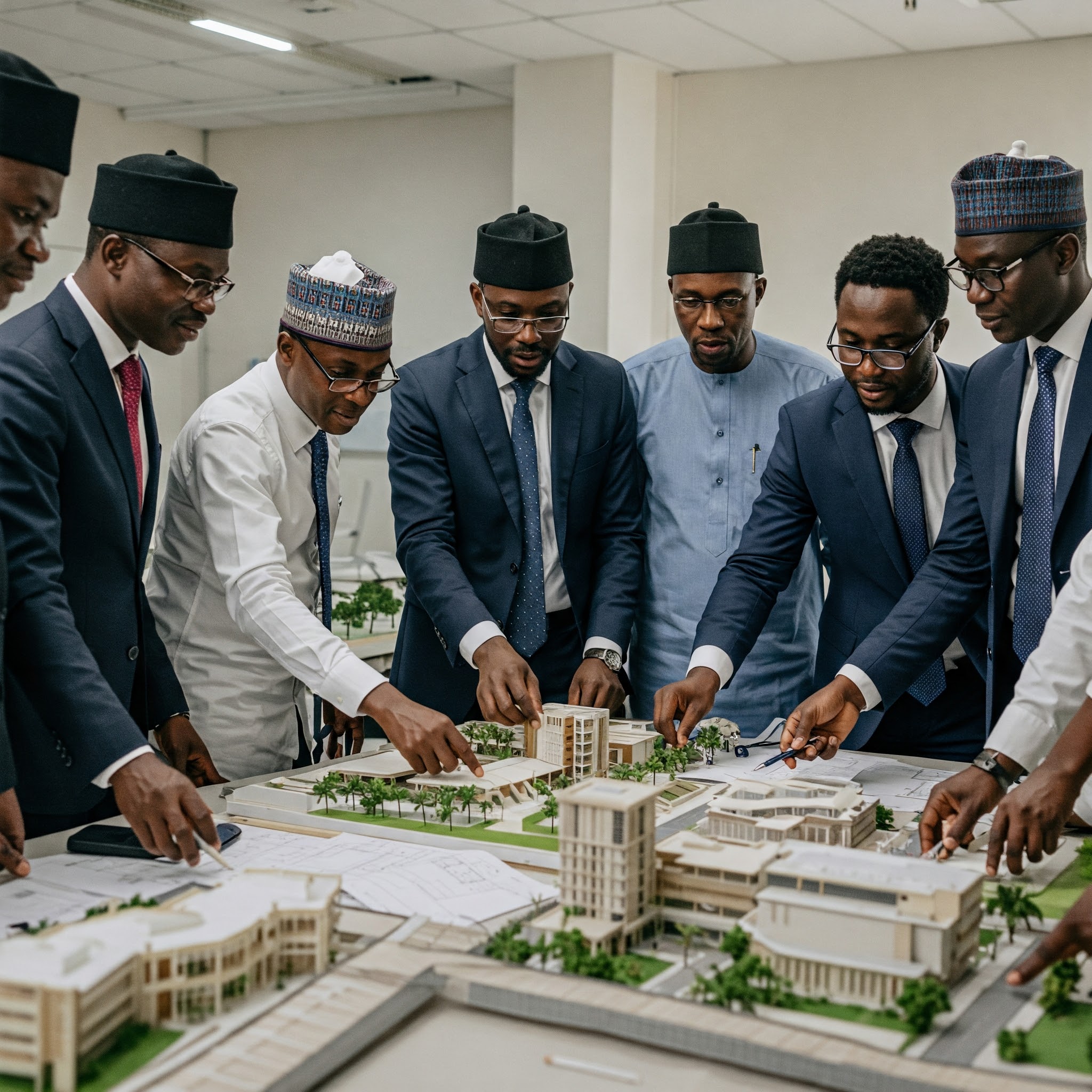 Nigerian professionals in business attire examining architectural models