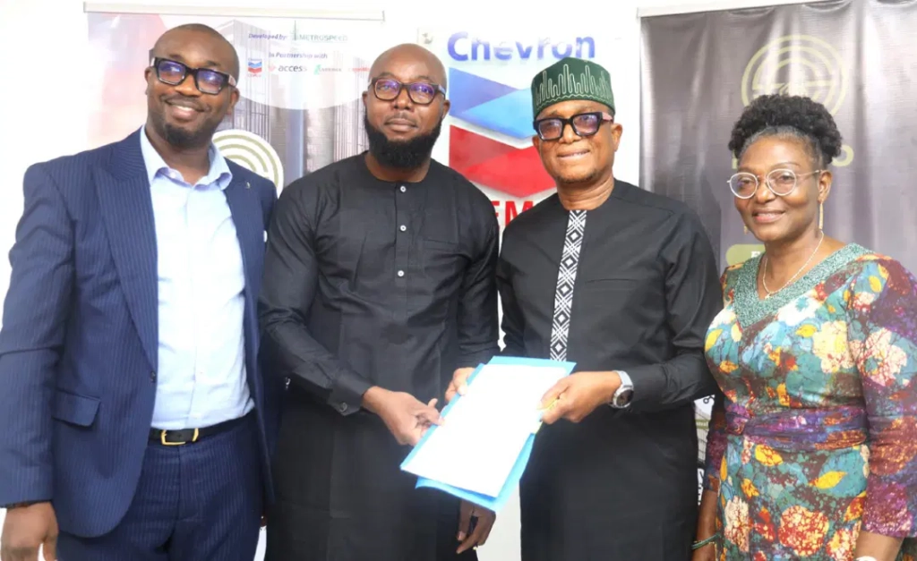 L-R: CEMCS General secretary, Agbudu Thomas; CEMCS President, Princewill Hope; Metrospeed Group CEO, Dele Oyefuga and Ireti Oyefuga sign the documents as Metrospeed Property Development Ltd partners with Chevron Employees Multipurpose Cooperative Society to Accelerate Metro Smart City Project in Lagos.
